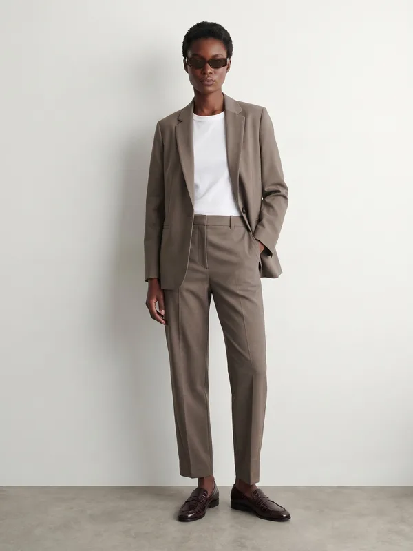 Editorial, taupe wool suit