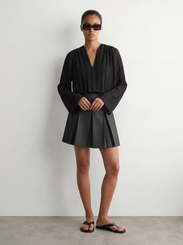 Editorial, pleated blouse, grey mini