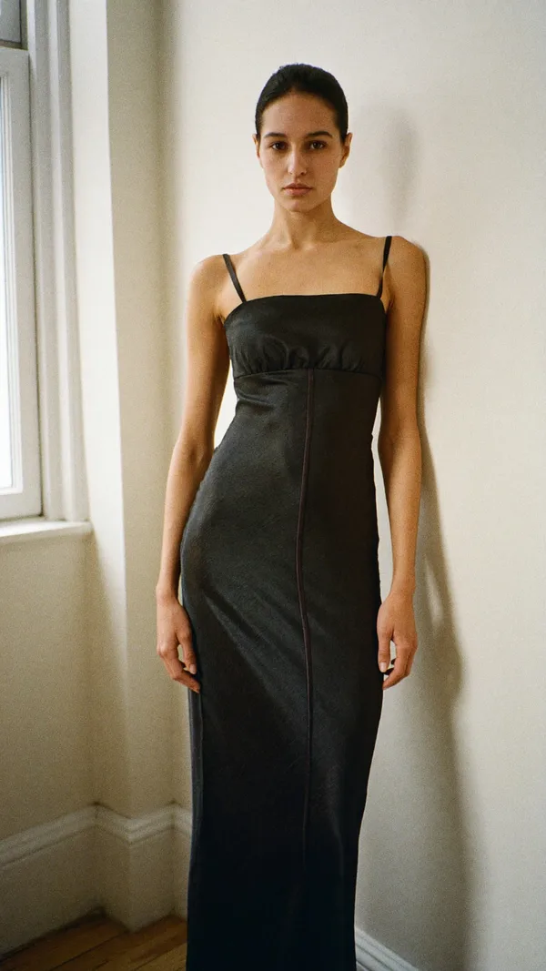 Minimal, black satin slip dress