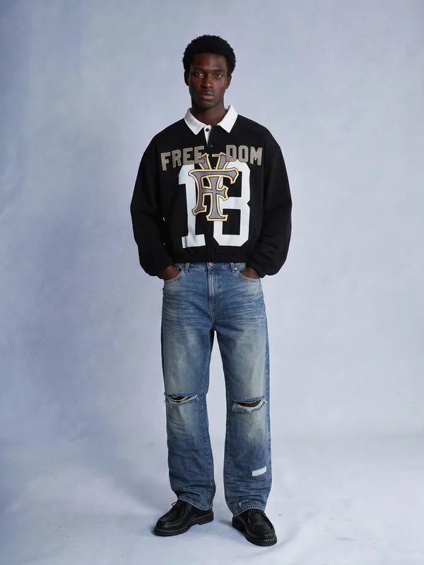 Streetwear, varsity polo, ripped denim