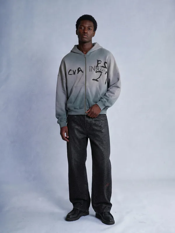 Streetwear, washed zip hoodie, coated jeans